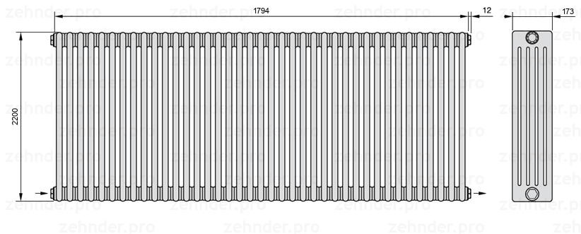 Схема (чертеж) Радиатор Zehnder Charleston 5220/39 №2670 Белый глянцевый RAL 9016